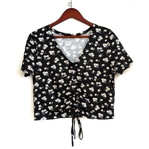 Shein Black Ditzy floral tie up crop top XL